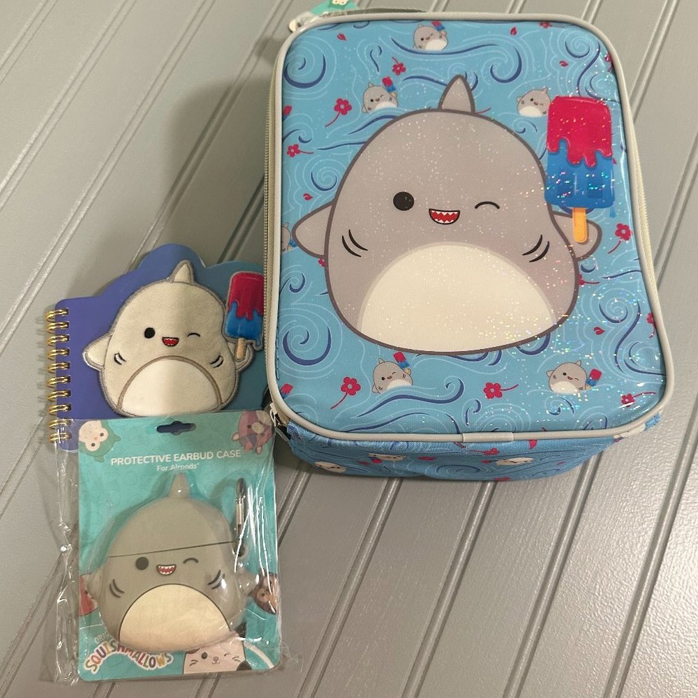 NWT Official Squishmallows Shark Lunch Box, Mini Notebook, & Airpod Case Bundle